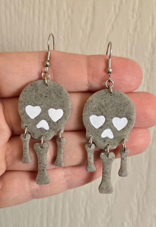 Gray Skull and Bones Halloween Dangle Earrings