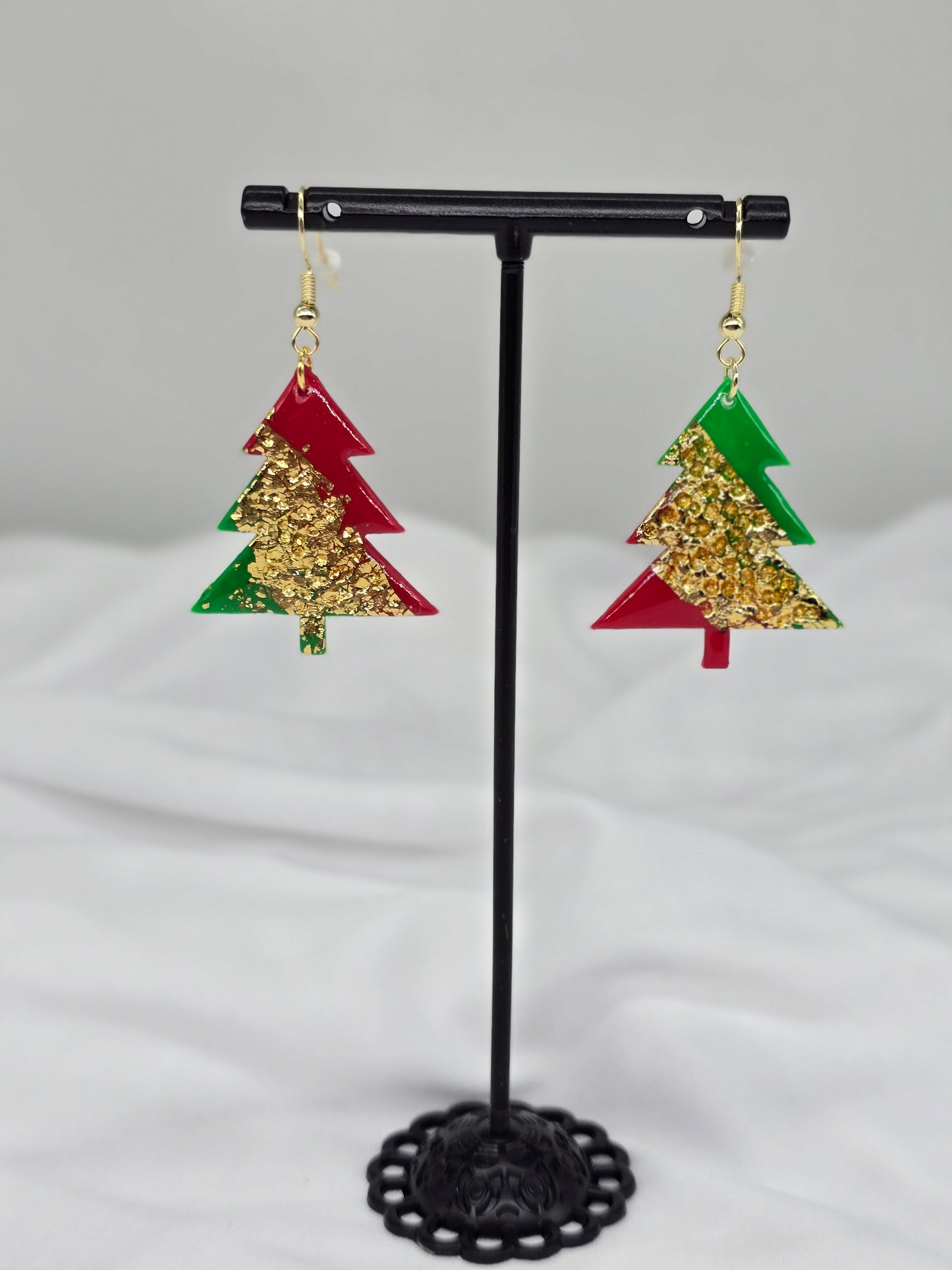 Red, Green & Gold Christmas Tree Earrings