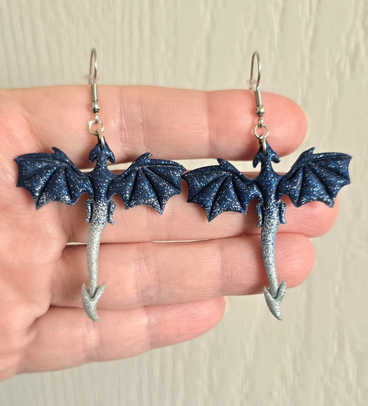 Sparkly Blue and Silver Dragon Earrings