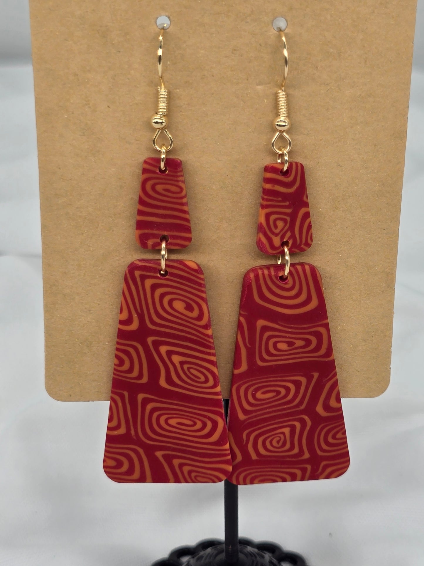 Red and Gold Square Swirls Rectangle Earrings