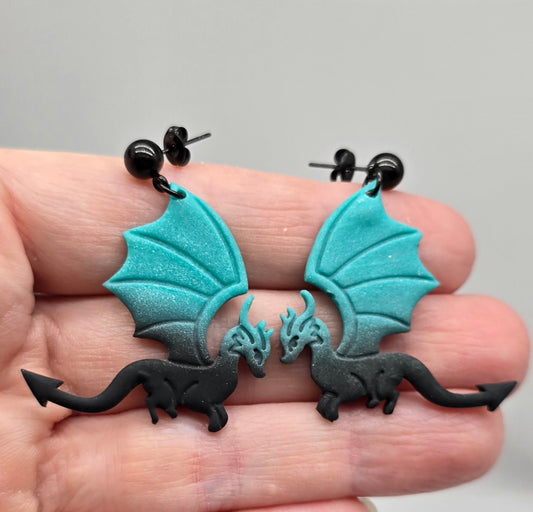 Black and Teal Dragon Earrings, Style 3