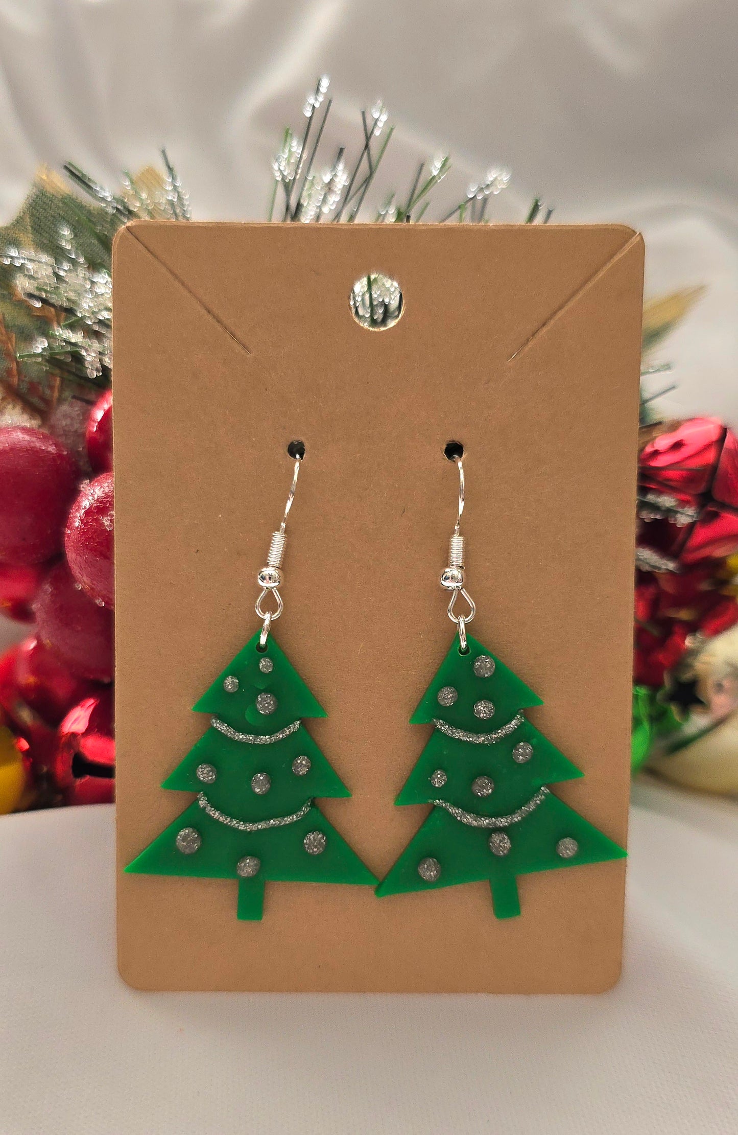 Green and Silver Christmas Tree Earrings