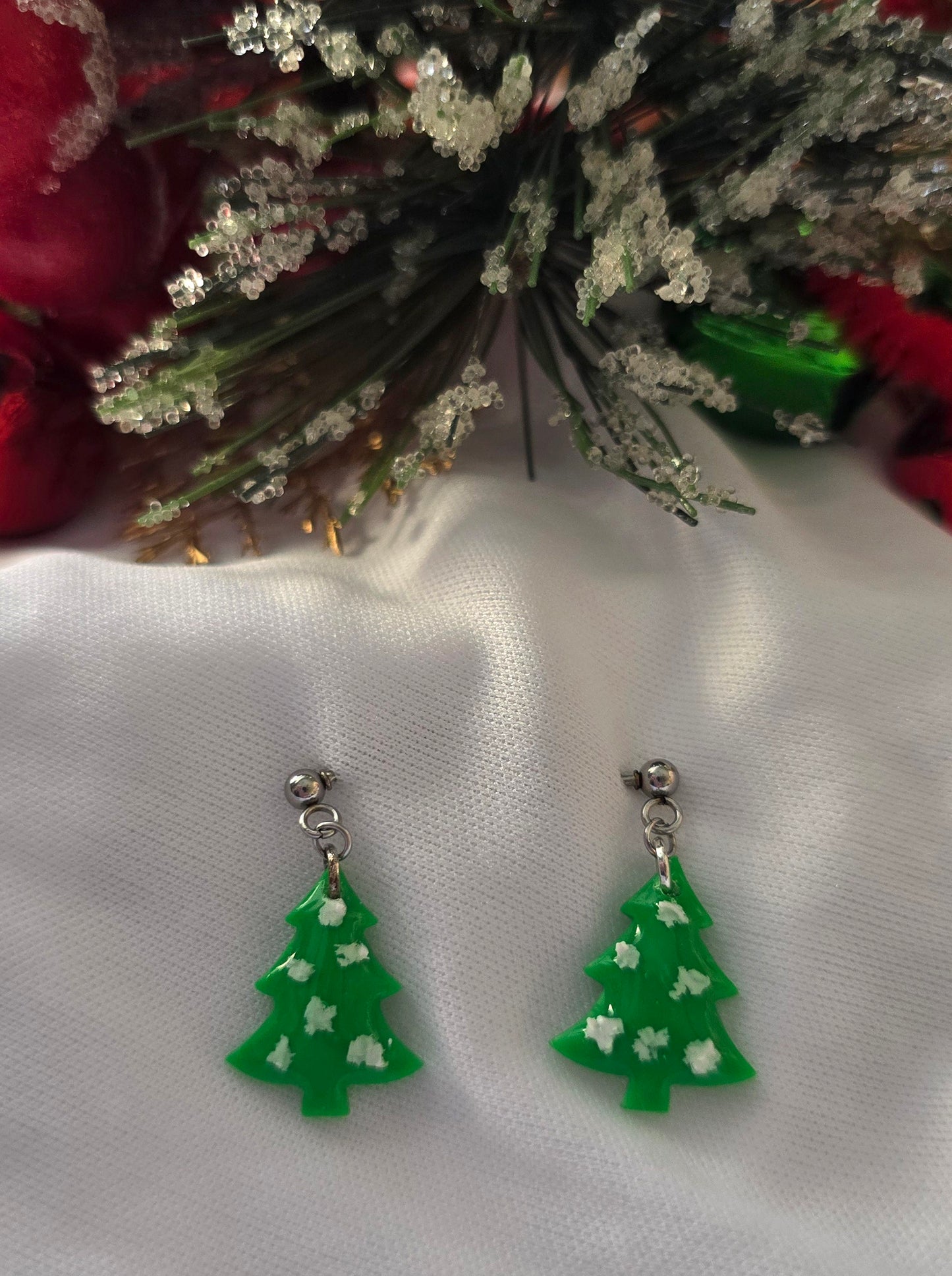 Mini Green Tree with Snow Earrings