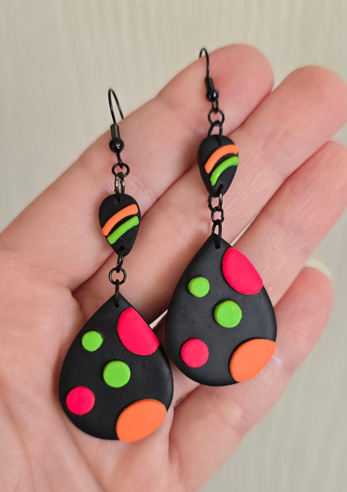 Black Teardrop with Neon Circles Earrings