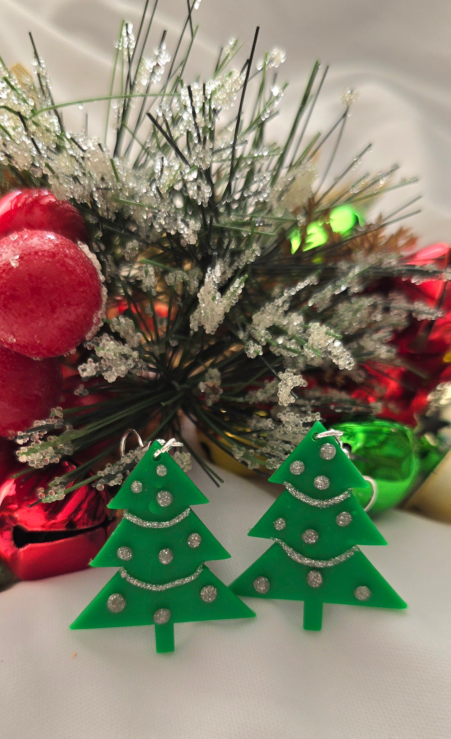 Green and Silver Christmas Tree Earrings