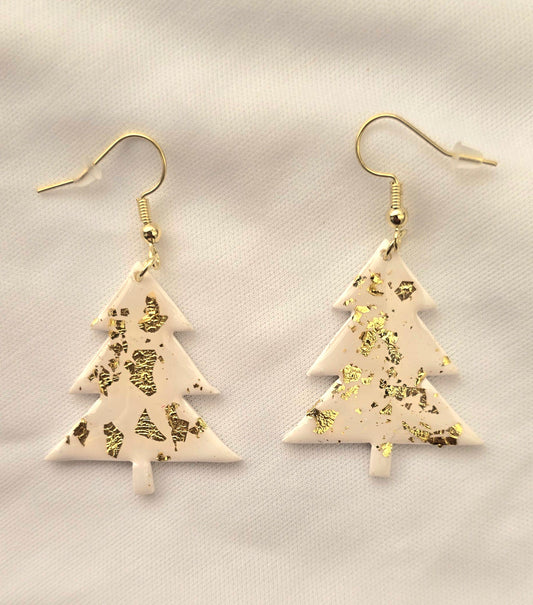 White and Gold Christmas Tree Earrings