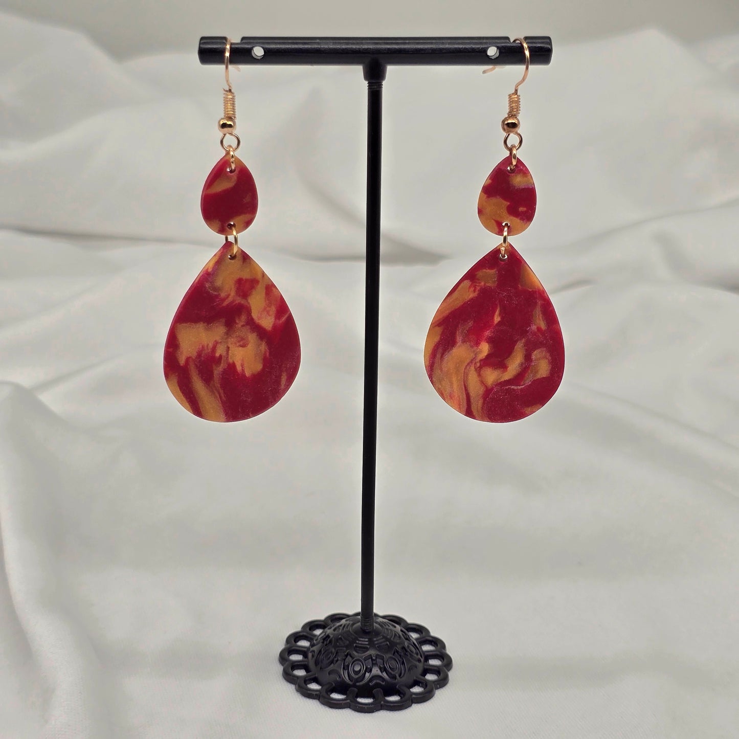 Gold and Red Swirl Teardrop Earrings