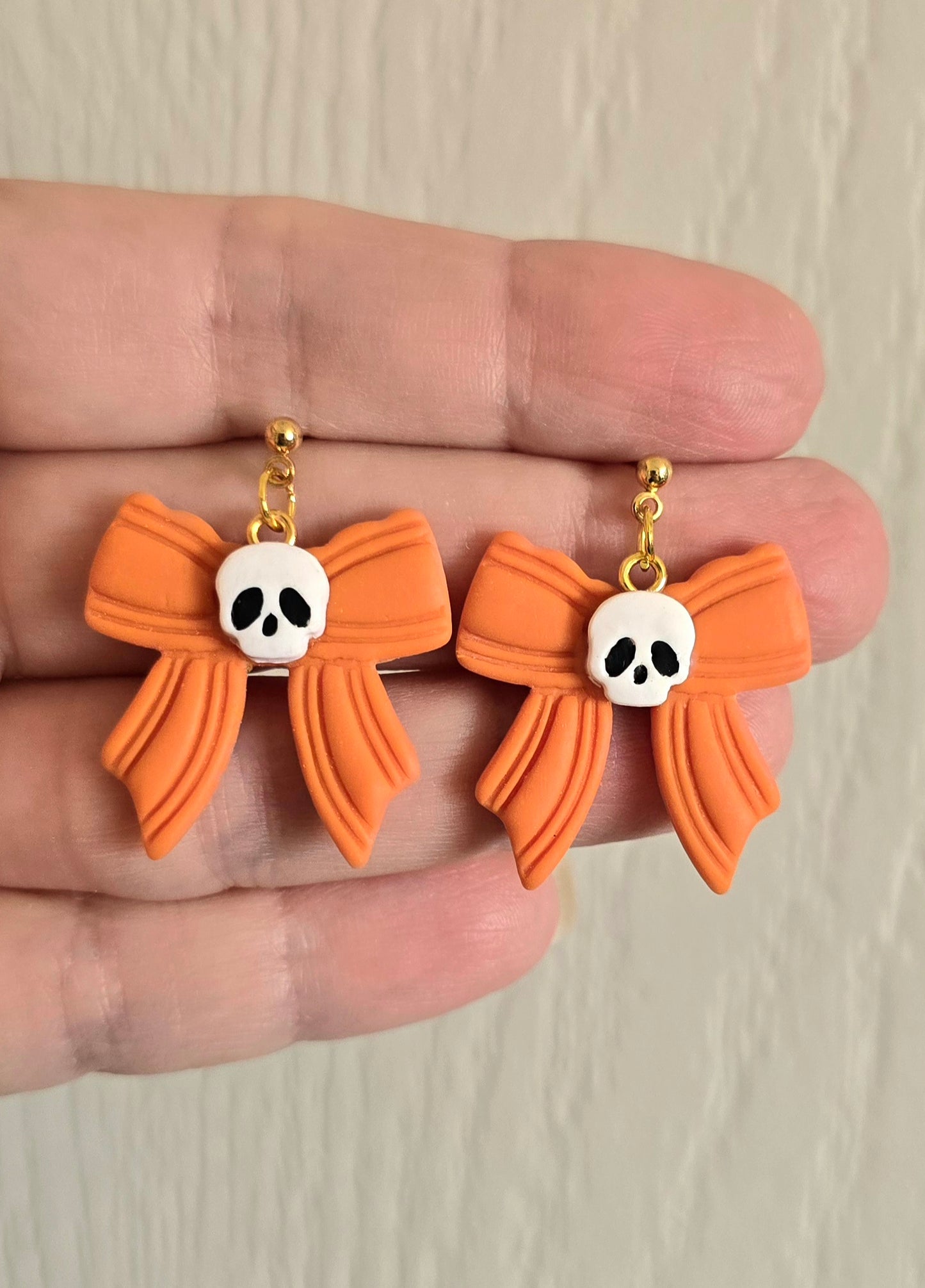 Orange Skull Bow Halloween Earrings