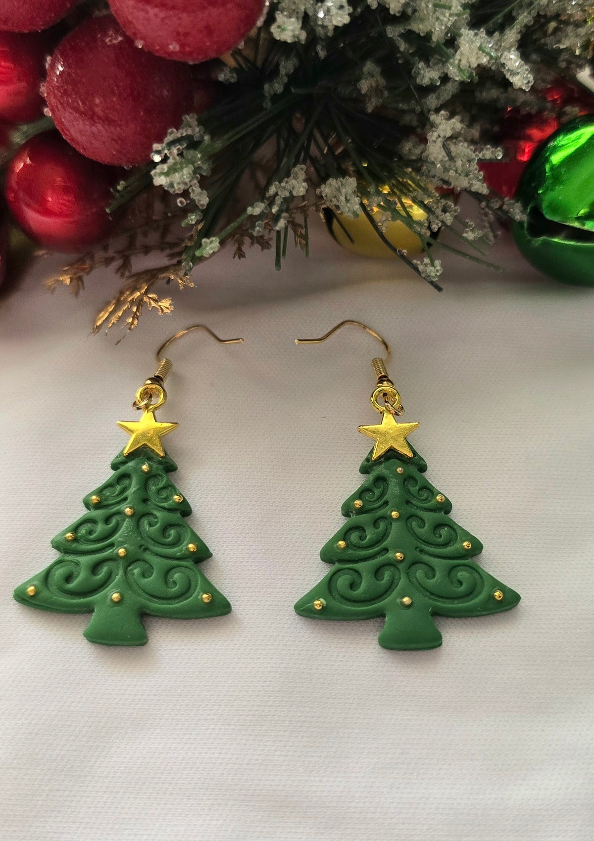 Green Christmas Tree Gold Star Earrings