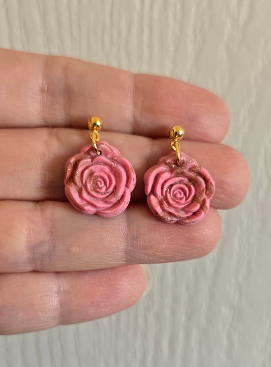 Pink and Gold Rose Earrings